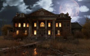 3D illustration abandoned haunted house refuge of spirits moonlit night